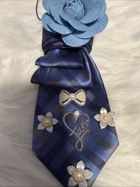 Blue Plaid Kids Decorative Junk Tie with Flower and Pearl Accents
